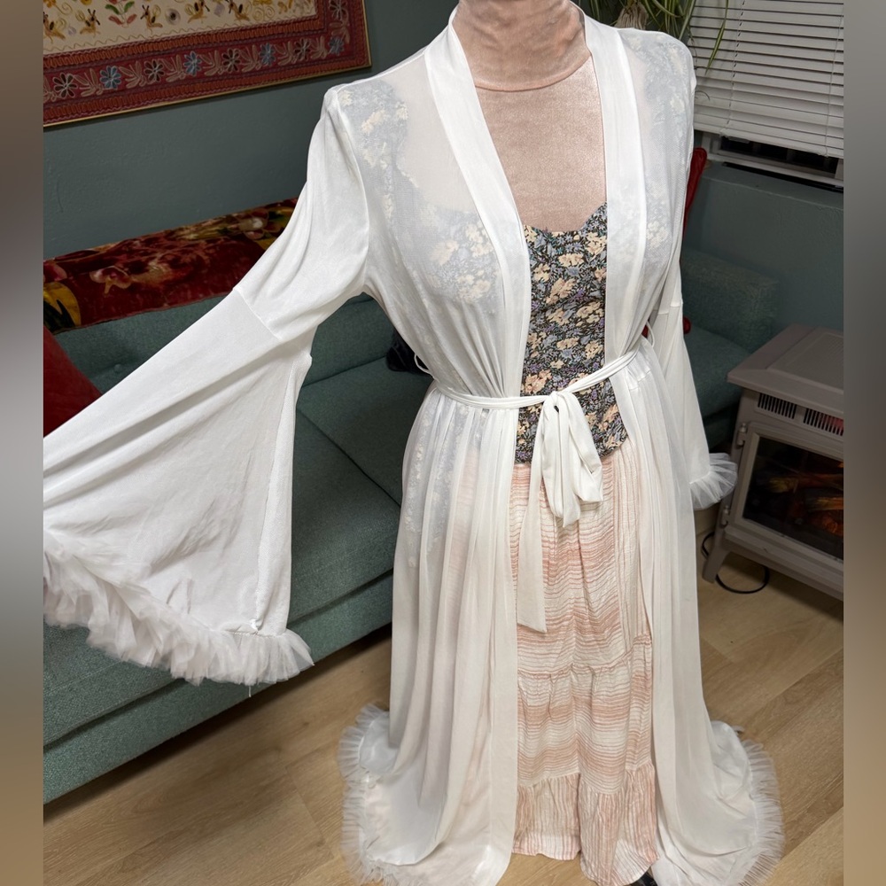 Feminine wedding Peignoir Sheer White belted Women's maxi Robe lingerie S
